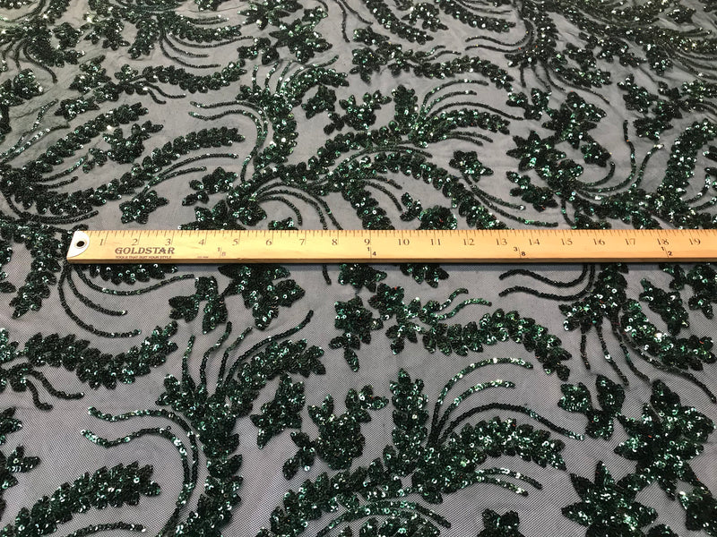 Hunter green Sequins vine design embroidery on a 4 way stretch mesh-dresses-fashion-prom-nightgown-decorations-sold by the yard.