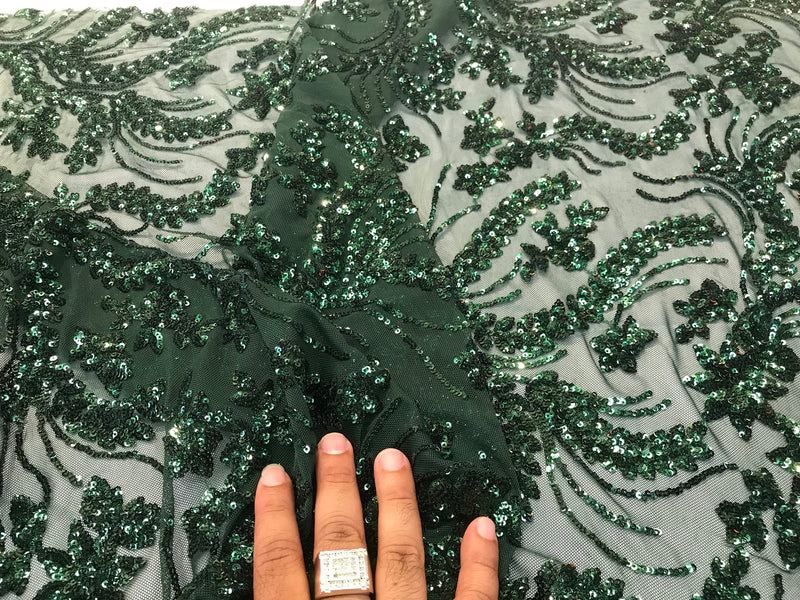 Hunter green Sequins vine design embroidery on a 4 way stretch mesh-dresses-fashion-prom-nightgown-decorations-sold by the yard.