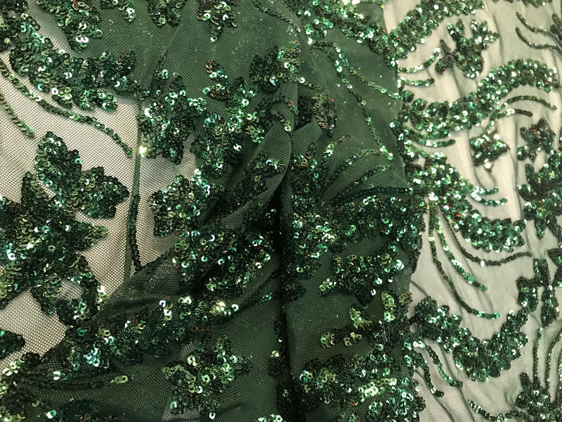 Hunter green Sequins vine design embroidery on a 4 way stretch mesh-dresses-fashion-prom-nightgown-decorations-sold by the yard.