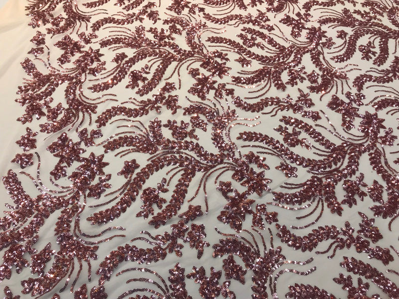 Dusty rose Sequins vine design embroidery on a 4 way stretch mesh-dresses-fashion-apparel-prom-nightgown-decorations-sold by the yard.