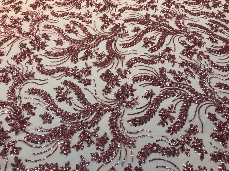 Dusty rose Sequins vine design embroidery on a 4 way stretch mesh-dresses-fashion-apparel-prom-nightgown-decorations-sold by the yard.