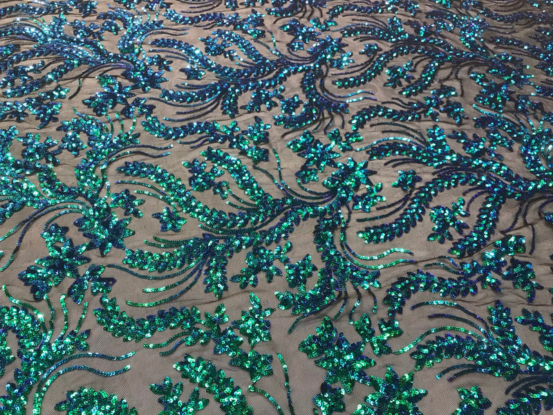 Iridescent green sequins vine design embroidery on a black 4 way Stretch Mesh-dresses-apparel-prom-nightgown-sold by the yard.