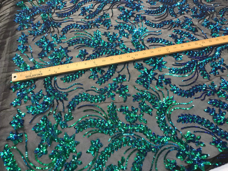 Iridescent green sequins vine design embroidery on a black 4 way Stretch Mesh-dresses-apparel-prom-nightgown-sold by the yard.