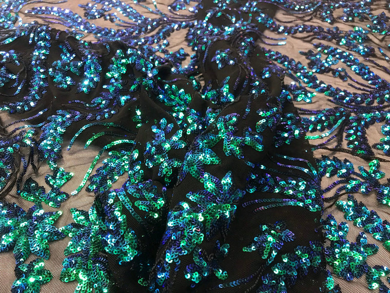 Iridescent green sequins vine design embroidery on a black 4 way Stretch Mesh-dresses-apparel-prom-nightgown-sold by the yard.