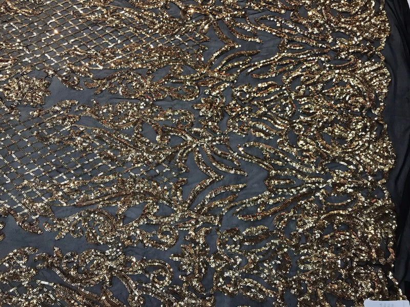 Gold sequins damask design embroidery on a black 4 way stretch power mesh-dresses-fashion-apparel-prom-nightgown-sold by the yard.