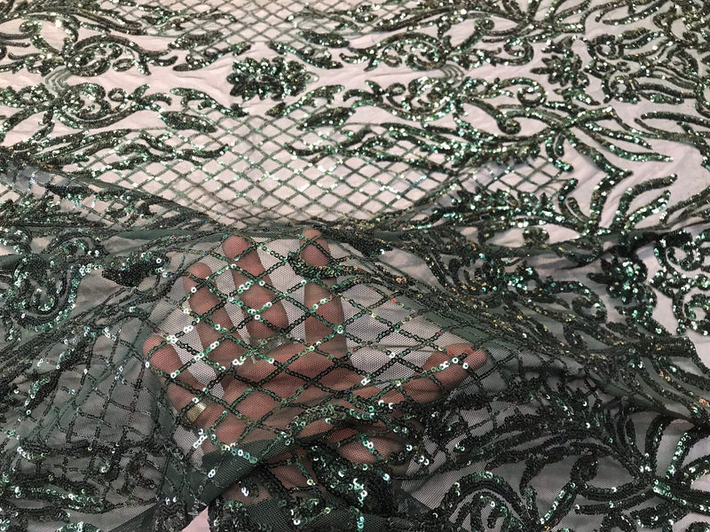 Hunter green sequins damask design embroidery on a 4 way stretch power mesh-dresses-fashion-apparel-prom-nightgown-sold by the yard.