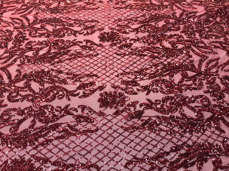 Burgundy sequins damask design embroidery on a 4 way stretch power mesh-dresses-fashion-apparel-prom-nightgown-sold by the yard.