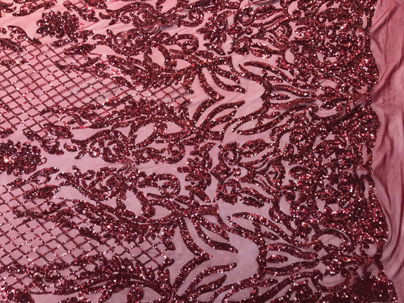 Burgundy sequins damask design embroidery on a 4 way stretch power mesh-dresses-fashion-apparel-prom-nightgown-sold by the yard.