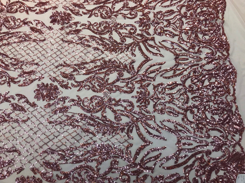 Dusty rose Sequins damask design embroidery on a peach 4 way stretch power mesh-dresses-fashion-apparel-prom-nightgown-sold by yard.