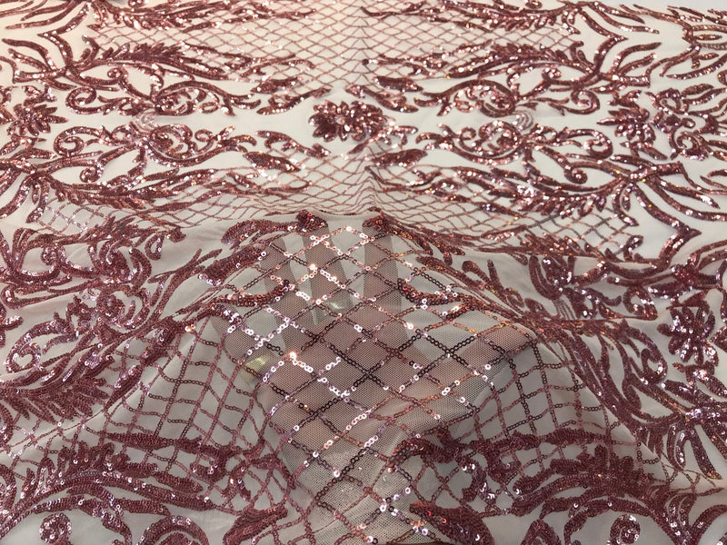 Dusty rose Sequins damask design embroidery on a peach 4 way stretch power mesh-dresses-fashion-apparel-prom-nightgown-sold by yard.