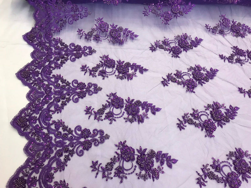 Purple hand beaded floral design embroidery with shiny sequins on a mesh lace-dresses-fashion-apparel-prom-nightgown-sold by the yard.