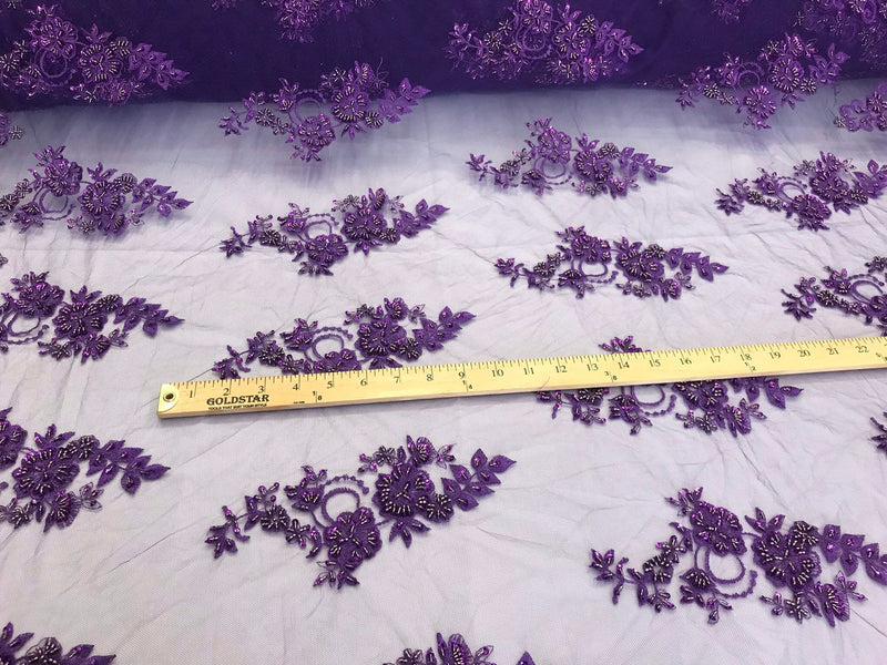 Purple hand beaded floral design embroidery with shiny sequins on a mesh lace-dresses-fashion-apparel-prom-nightgown-sold by the yard.