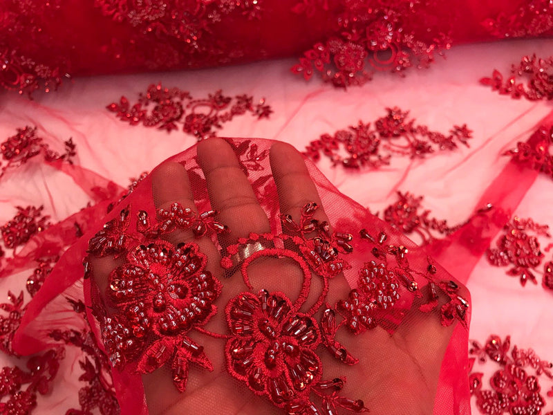 Red hand beaded floral design embroidery with shiny sequins on a mesh lace-dresses-apparel-fashion-prom-nightgown-sold by the yard.