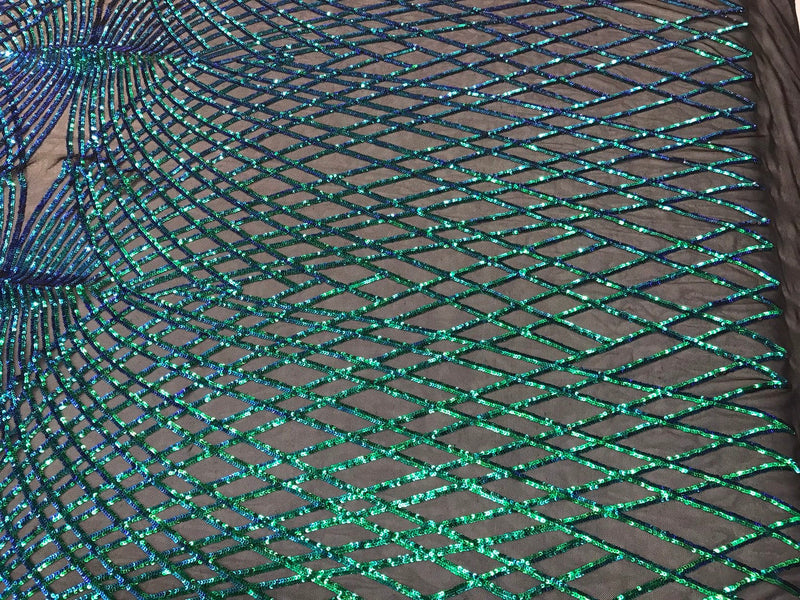 Iridescent green sequin diamond design embroidery on a black 4 way stretch mesh-sold by yard.