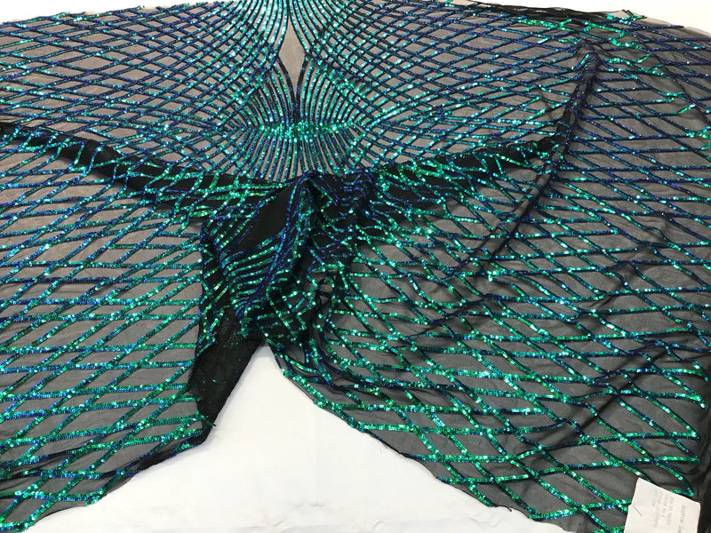 Iridescent green sequin diamond design embroidery on a black 4 way stretch mesh-sold by yard.