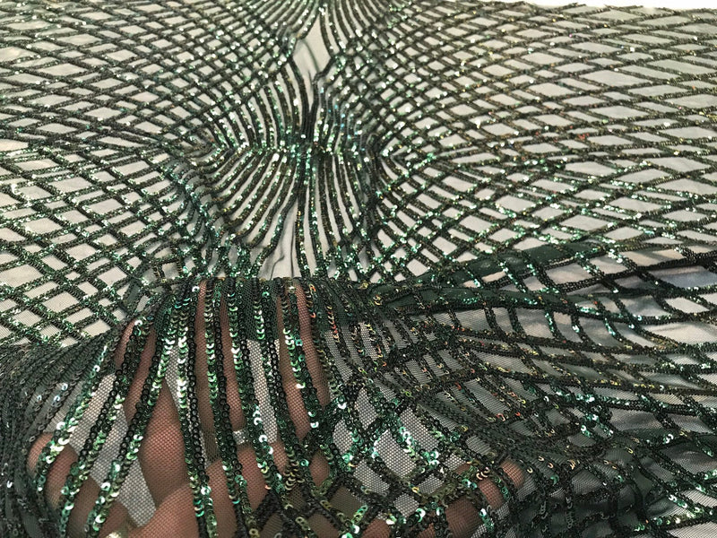 Hunter green sequins diamond design embroidery on a green 4 way stretch power mesh-dresses-fashion-apparel-prom-nightgown-sold by the yard.