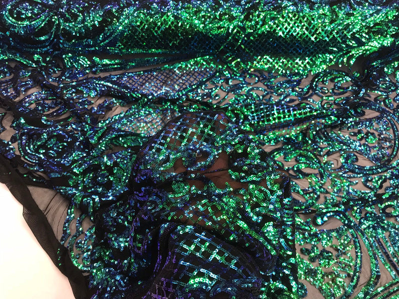 Green princess design iridescent sequins embroidery on a 4 way stretch black mesh-dresses-apparel-prom-nightgown-fashion-sold by the yard.