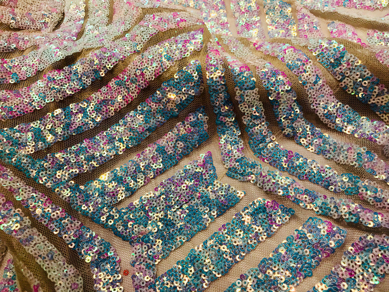 Pink-aqua geometric iridescent sequins on a 2 way stretch nude mesh-dresses-apparel-fashion-prom-nightgown-sold by the yard.