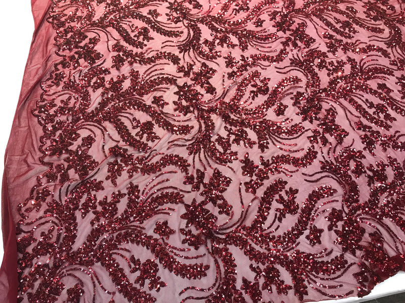 Burgundy sequins vine design embroidery on a4 way Stretch Mesh-dresses-fashion-prom-nightgown-decorations-sold by the yard.