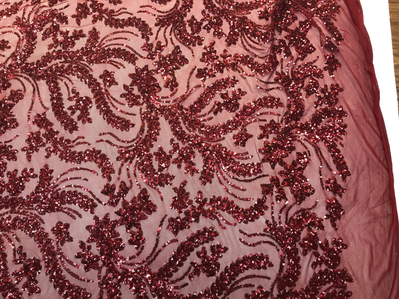 Burgundy sequins vine design embroidery on a4 way Stretch Mesh-dresses-fashion-prom-nightgown-decorations-sold by the yard.