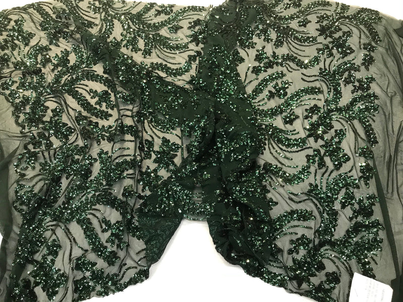 Hunter green Sequins vine design embroidery on a 4 way stretch mesh-dresses-fashion-prom-nightgown-decorations-sold by the yard.