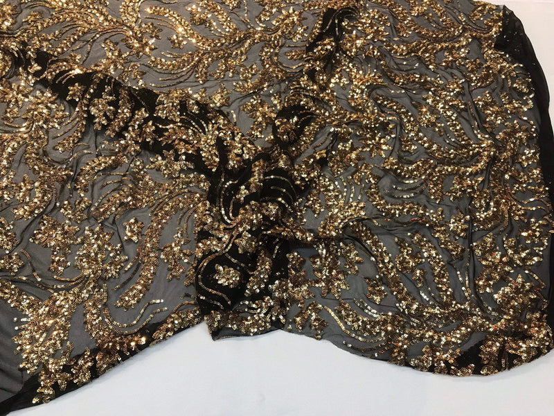 Gold sequins vine design embroidery on a black 4 way Stretch Mesh-dresses-fashion-prom-nightgown-decorations-sold by the yard.