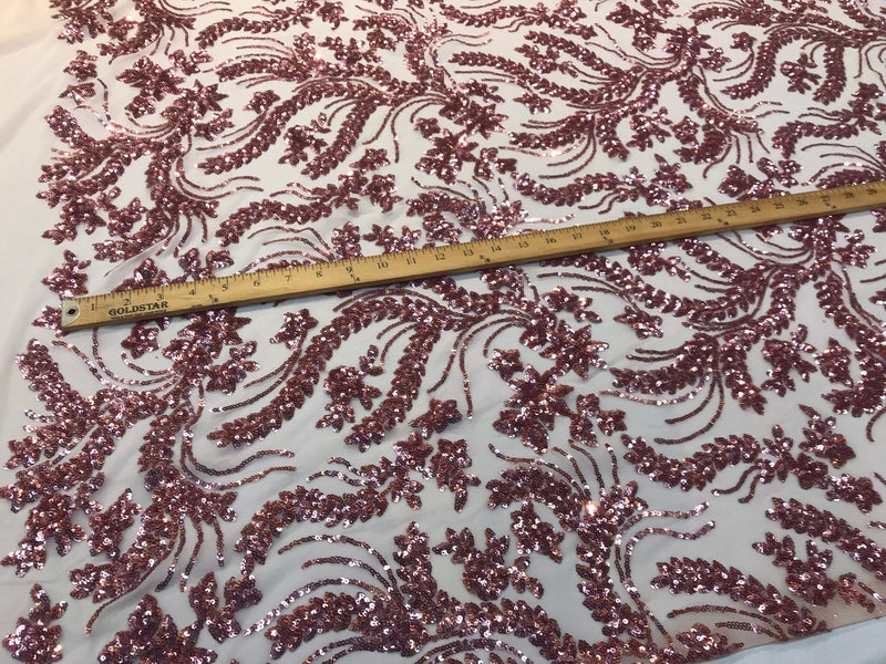 Dusty rose Sequins vine design embroidery on a 4 way stretch mesh-dresses-fashion-apparel-prom-nightgown-decorations-sold by the yard.