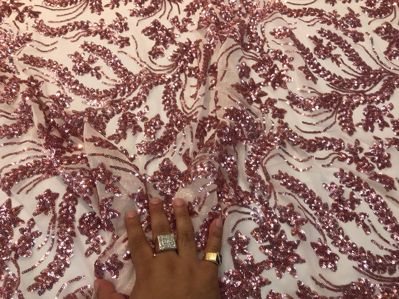 Dusty rose Sequins vine design embroidery on a 4 way stretch mesh-dresses-fashion-apparel-prom-nightgown-decorations-sold by the yard.