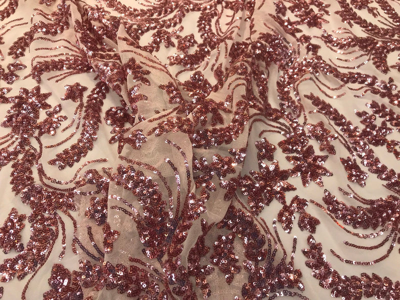 Dusty rose Sequins vine design embroidery on a 4 way stretch mesh-dresses-fashion-apparel-prom-nightgown-decorations-sold by the yard.