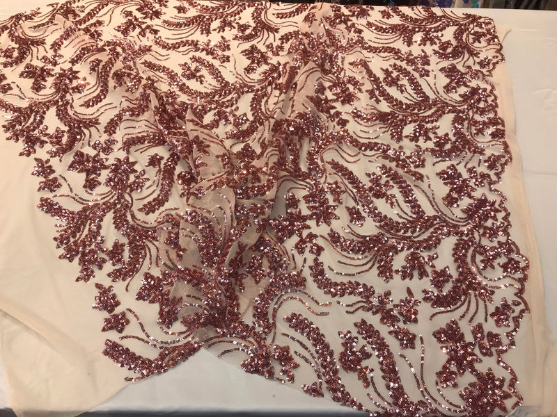 Dusty rose Sequins vine design embroidery on a 4 way stretch mesh-dresses-fashion-apparel-prom-nightgown-decorations-sold by the yard.