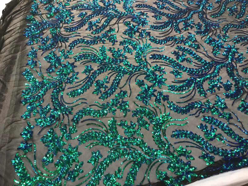 Iridescent green sequins vine design embroidery on a black 4 way Stretch Mesh-dresses-apparel-prom-nightgown-sold by the yard.