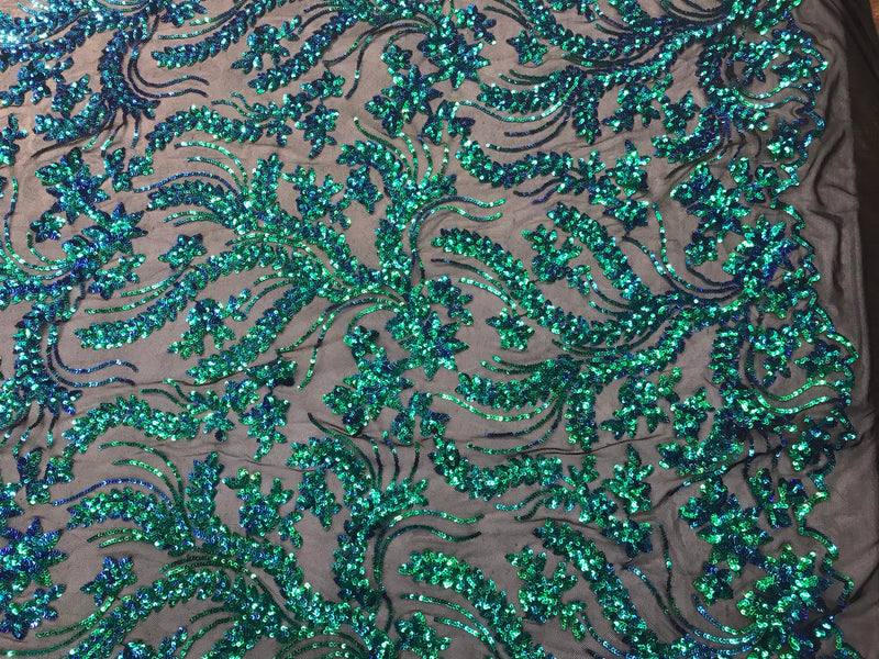 Iridescent green sequins vine design embroidery on a black 4 way Stretch Mesh-dresses-apparel-prom-nightgown-sold by the yard.