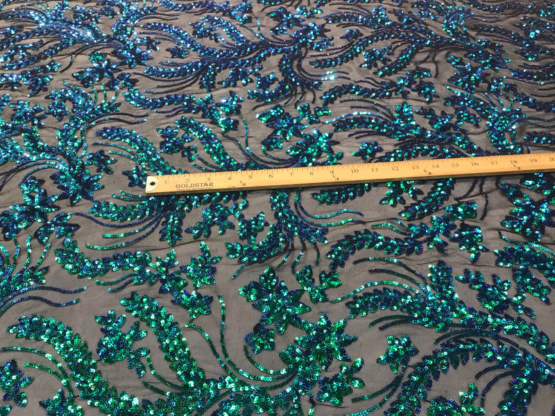 Iridescent green sequins vine design embroidery on a black 4 way Stretch Mesh-dresses-apparel-prom-nightgown-sold by the yard.