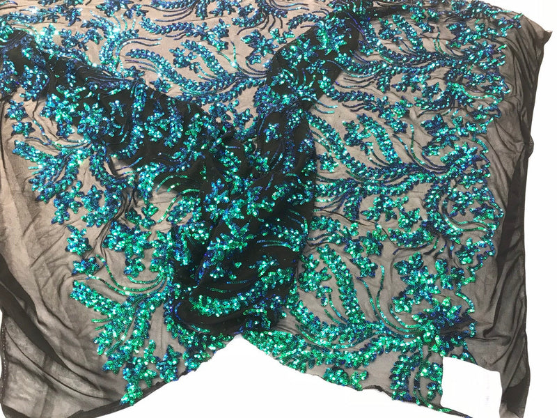 Iridescent green sequins vine design embroidery on a black 4 way Stretch Mesh-dresses-apparel-prom-nightgown-sold by the yard.