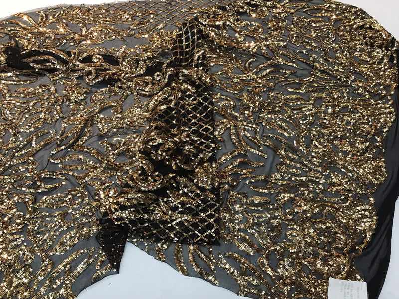 Gold sequins damask design embroidery on a black 4 way stretch power mesh-dresses-fashion-apparel-prom-nightgown-sold by the yard.