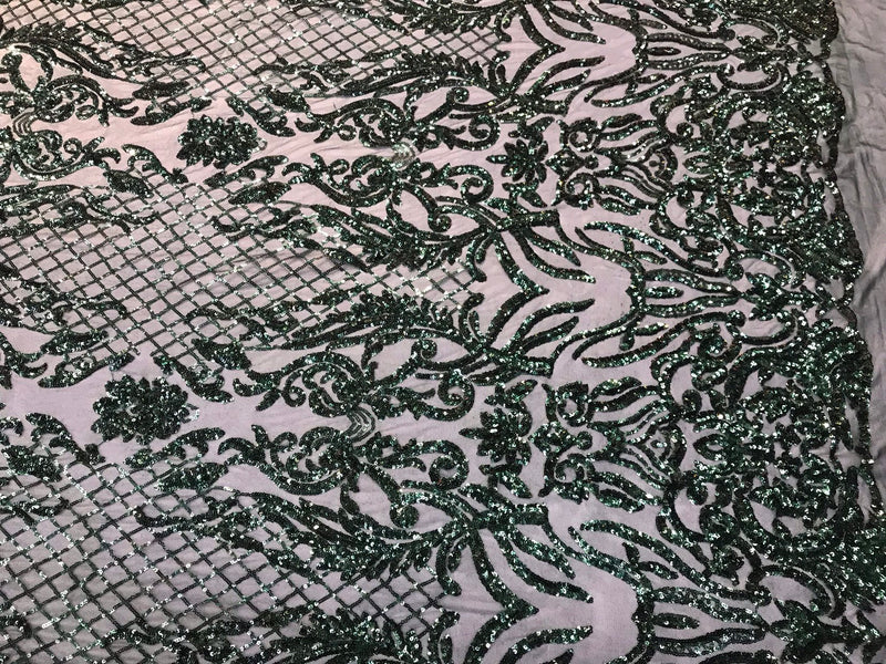 Hunter green sequins damask design embroidery on a 4 way stretch power mesh-dresses-fashion-apparel-prom-nightgown-sold by the yard.