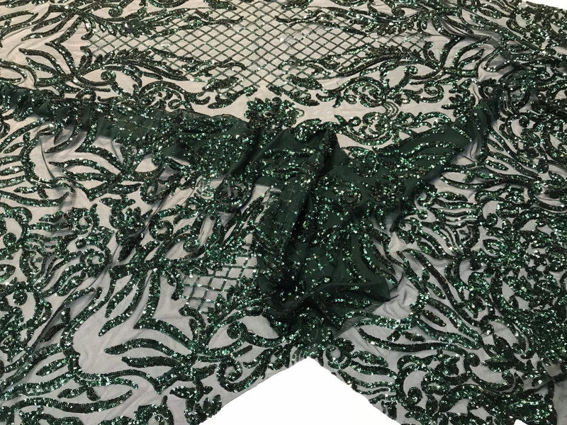 Hunter green sequins damask design embroidery on a 4 way stretch power mesh-dresses-fashion-apparel-prom-nightgown-sold by the yard.