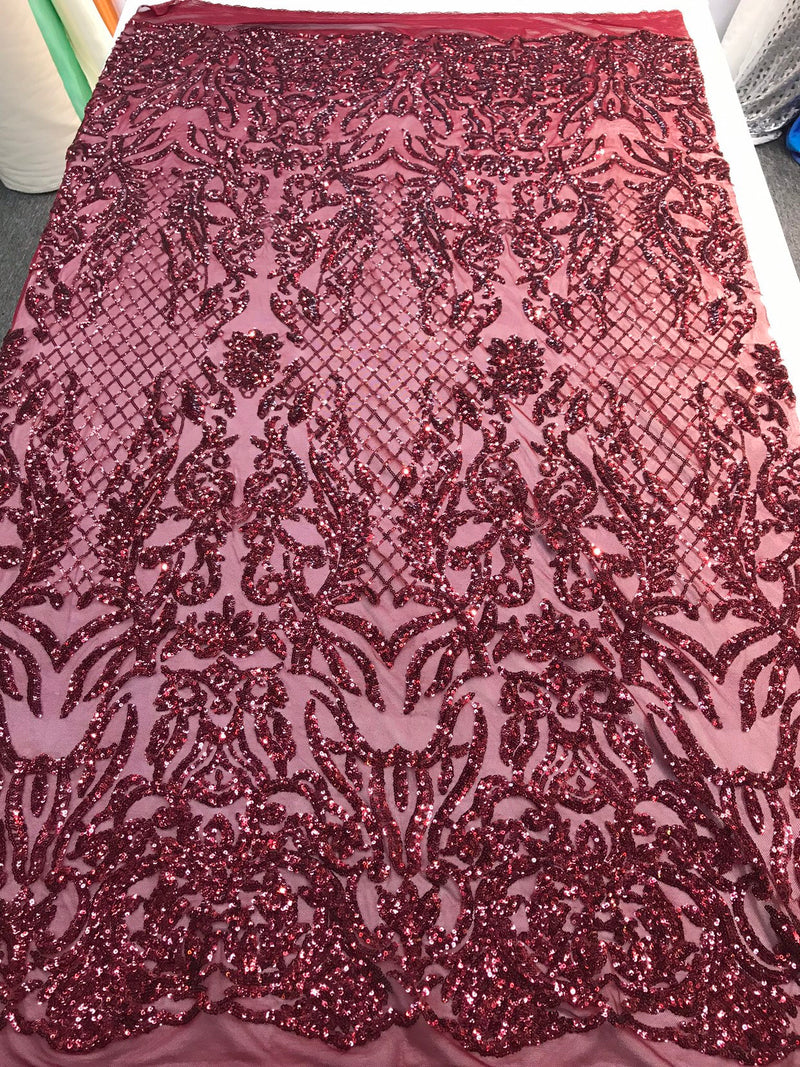 Burgundy sequins damask design embroidery on a 4 way stretch power mesh-dresses-fashion-apparel-prom-nightgown-sold by the yard.