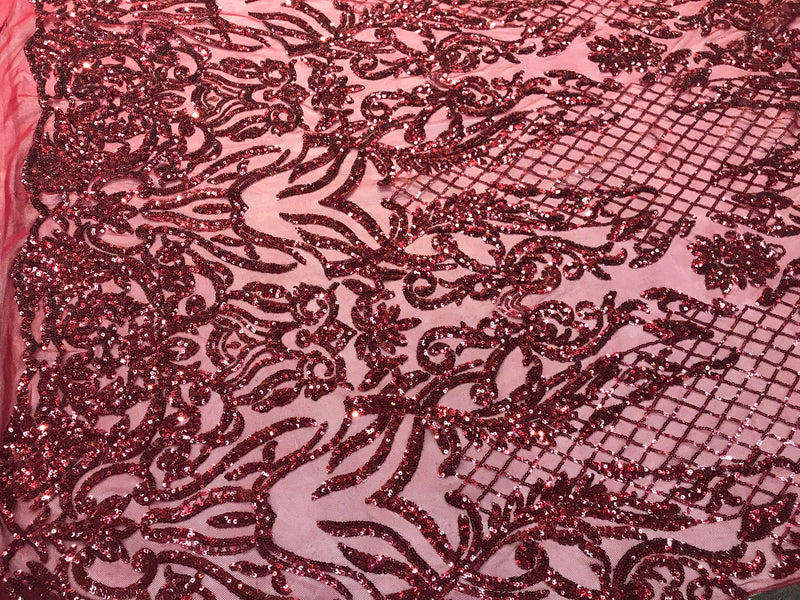 Burgundy sequins damask design embroidery on a 4 way stretch power mesh-dresses-fashion-apparel-prom-nightgown-sold by the yard.