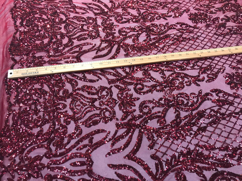 Burgundy sequins damask design embroidery on a 4 way stretch power mesh-dresses-fashion-apparel-prom-nightgown-sold by the yard.