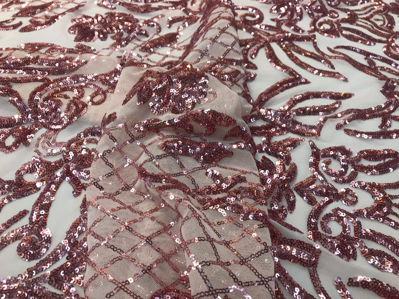 Dusty rose Sequins damask design embroidery on a peach 4 way stretch power mesh-dresses-fashion-apparel-prom-nightgown-sold by yard.