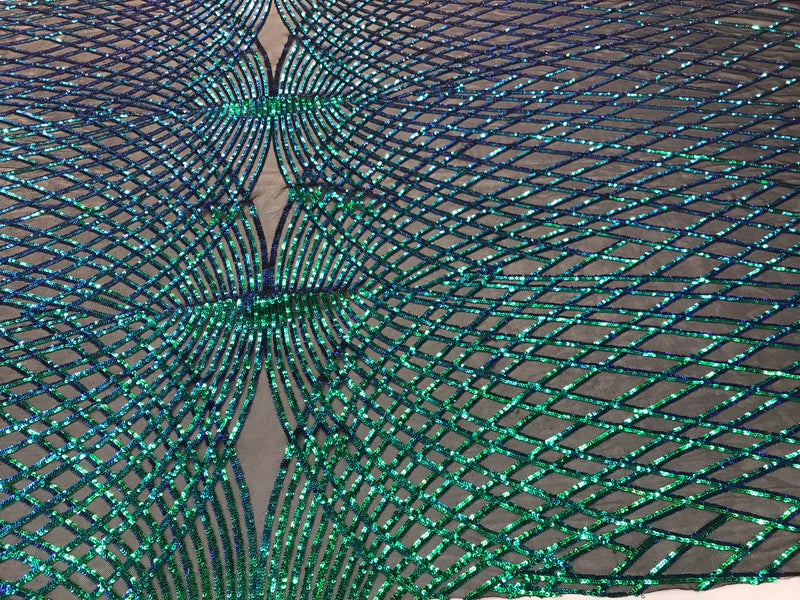 Iridescent green sequin diamond design embroidery on a black 4 way stretch mesh-sold by yard.