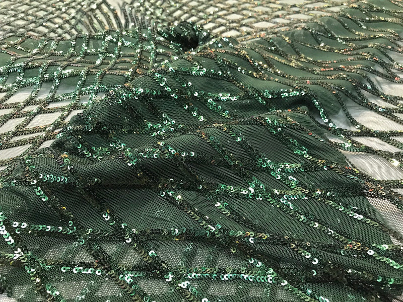 Hunter green sequins diamond design embroidery on a green 4 way stretch power mesh-dresses-fashion-apparel-prom-nightgown-sold by the yard.