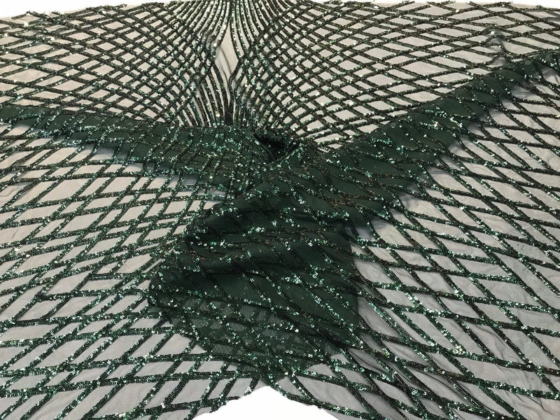 Hunter green sequins diamond design embroidery on a green 4 way stretch power mesh-dresses-fashion-apparel-prom-nightgown-sold by the yard.