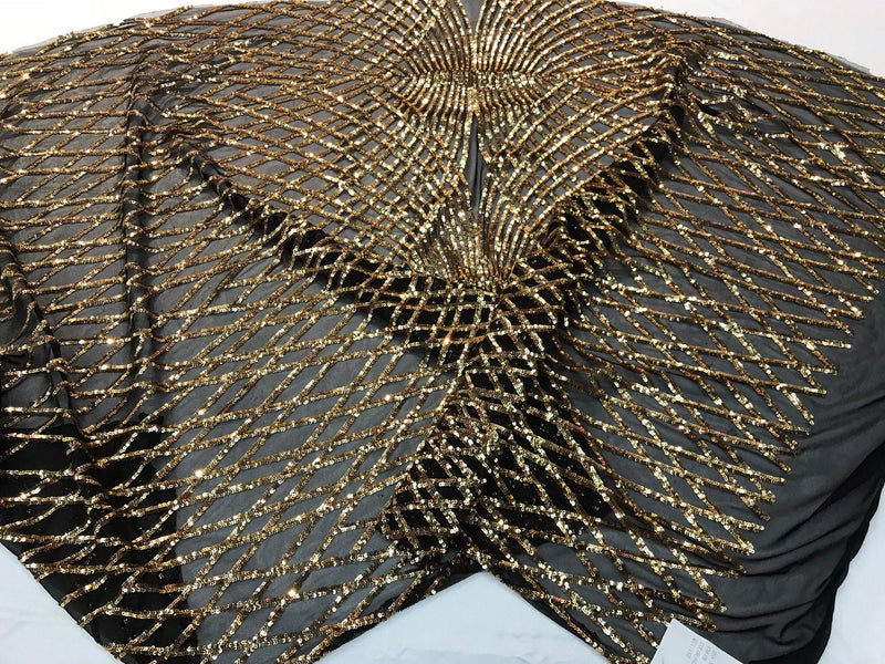 Gold sequins diamond design embroidery on a black 4 way stretch power mesh-dresses-fashion-apparel-prom-nightgown-sold by the yard.