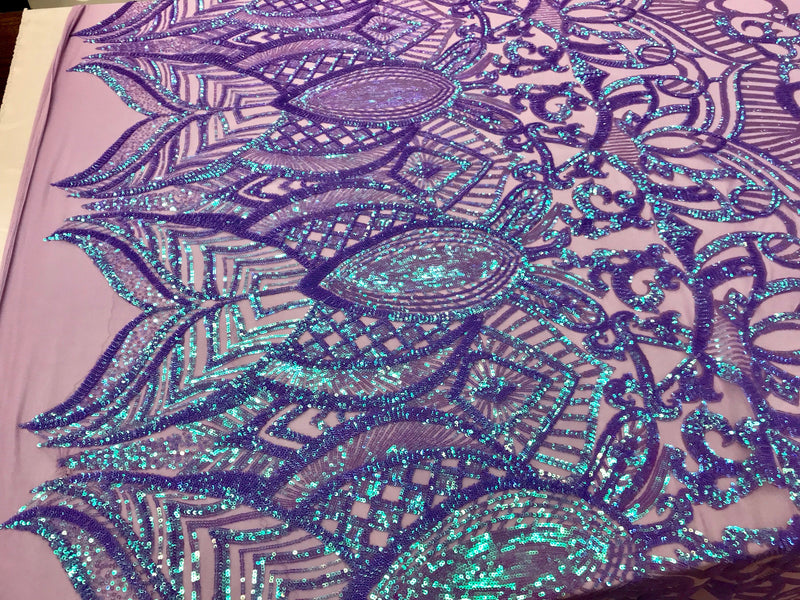 Lilac iridescent royalty design embroidery with sequins on a lilac 4 way stretch mesh-dresses-fashion-prom-nightgown-sold by the yard.