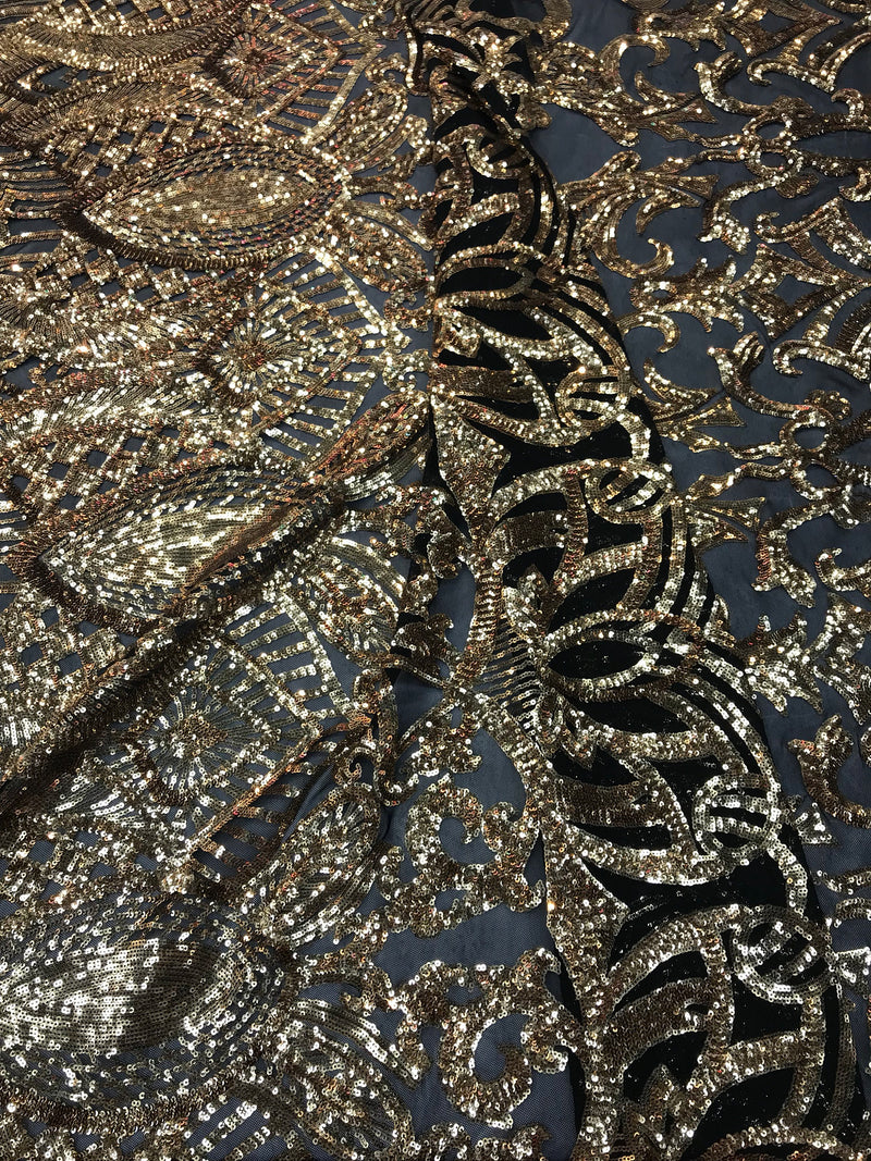 Gold royalty design embroidery sequins on a black 4 way Stretch Mesh -dresses-fashion-apparel-prom-nightgown-sold by the yard.