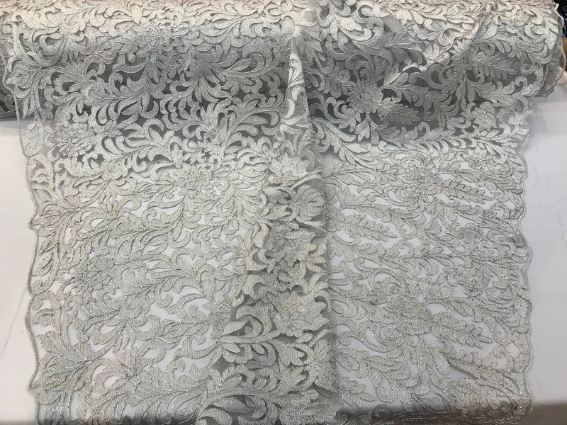 Silver damask design embroidery with metallic cord on a mesh lace-dresses-fashion-apparel-prom-nightgown-sold by the yard.