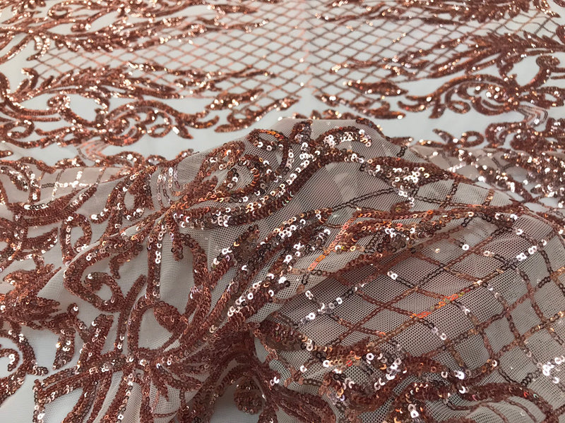 Blush peach shiny sequin damask design embroidery on a 4 way stretch mesh-dresses-prom-nightgown-sold by the yard.free shipping.