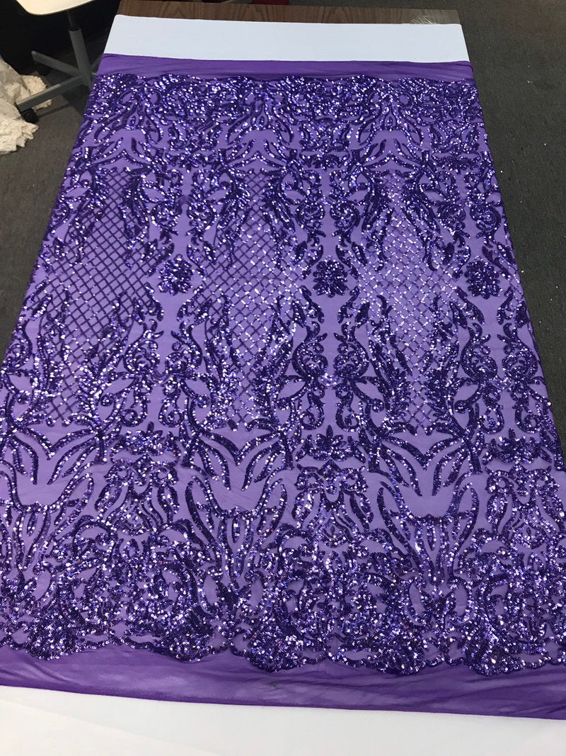 Lavender shiny sequin damask design embroidery on a 4 way stretch mesh-dresses-prom-sold by yard.